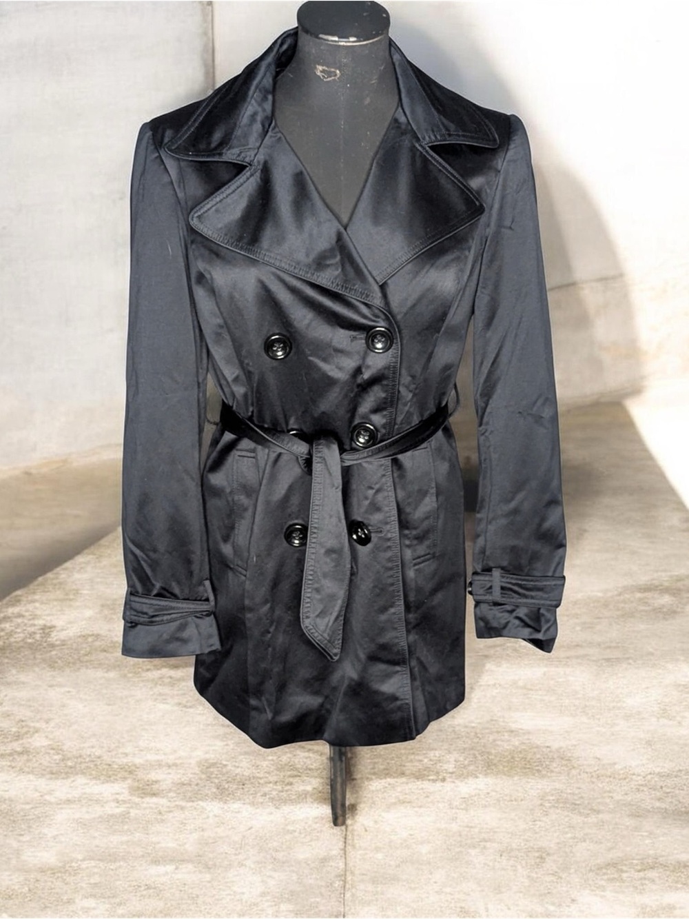 White House Black Market Black Double-Breasted Trench Coat S
